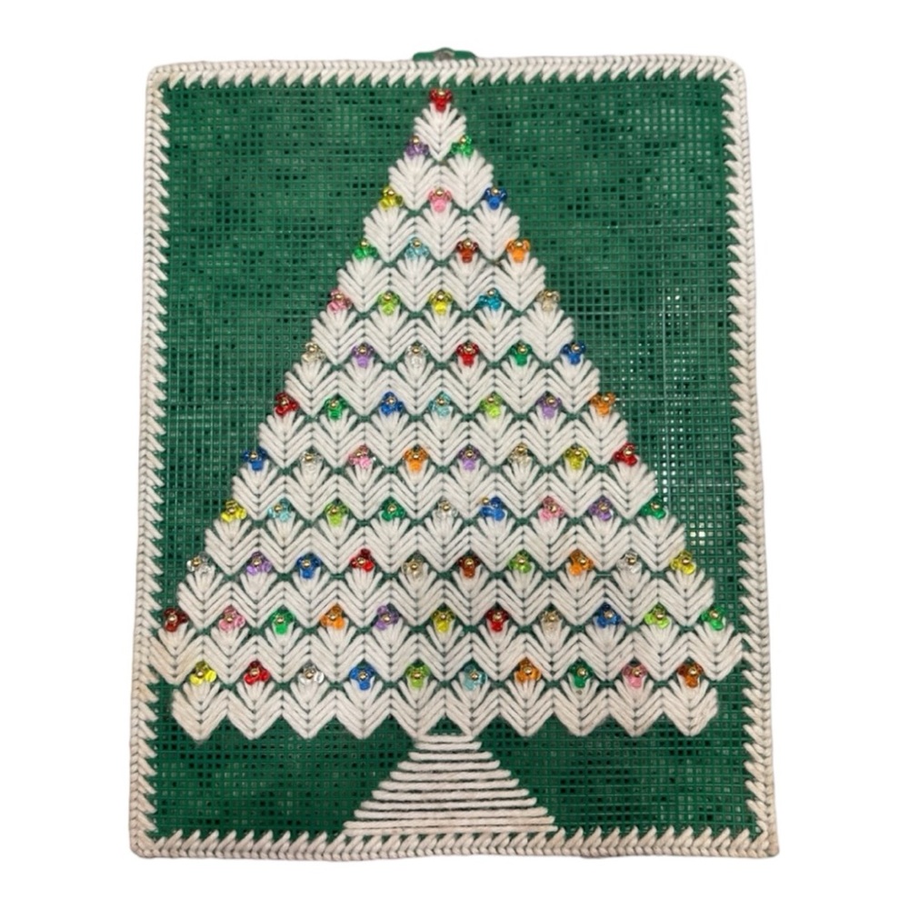 Vintage Plastic Canvas Cross Stitch Christmas Tree Wall Hanging